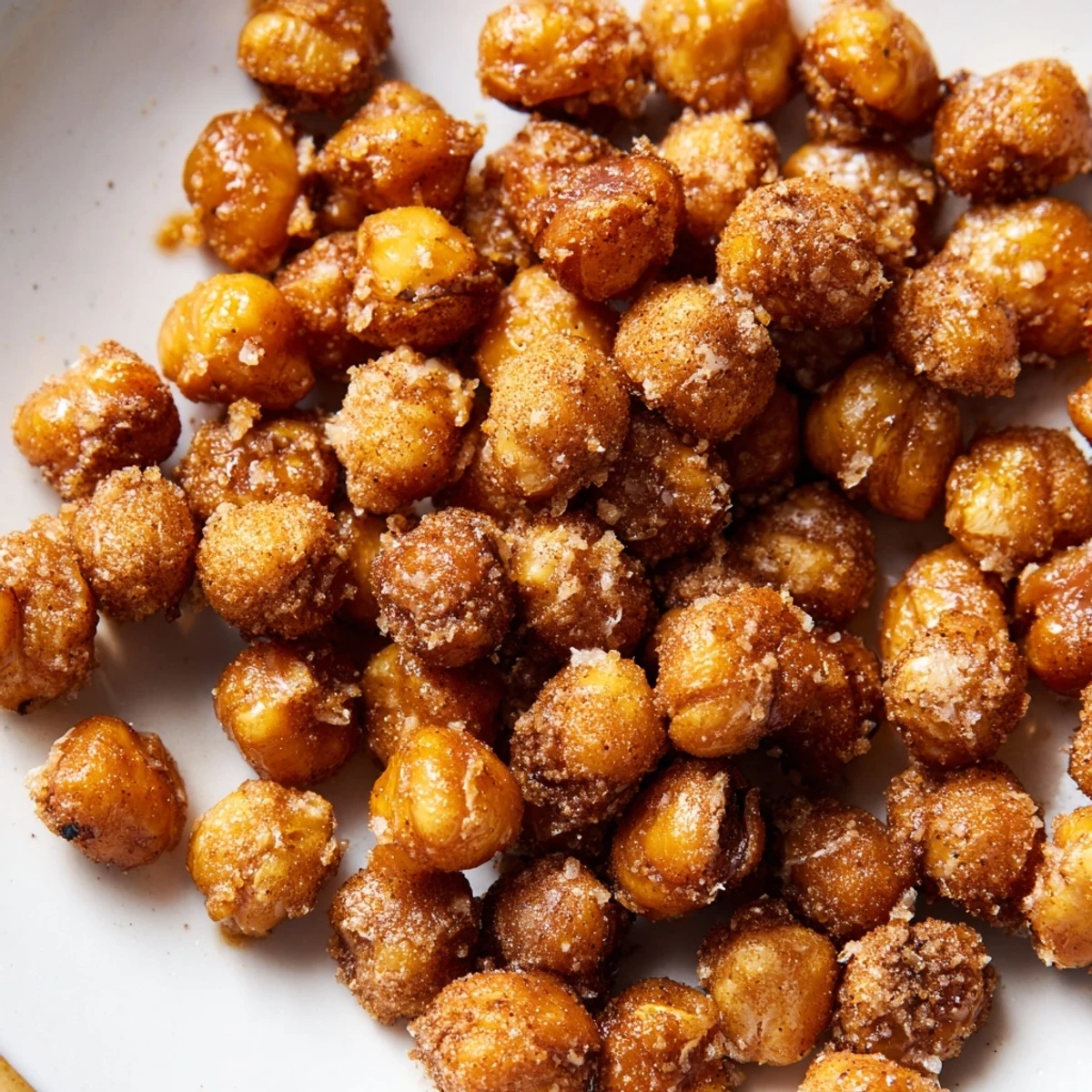 Golden brown cinnamon roasted chickpeas arranged on a white plate with a rustic wooden backdrop