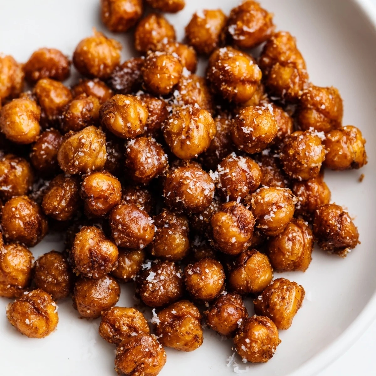Crunchy sweet cinnamon spiced chickpeas scattered on parchment paper after roasting in the oven