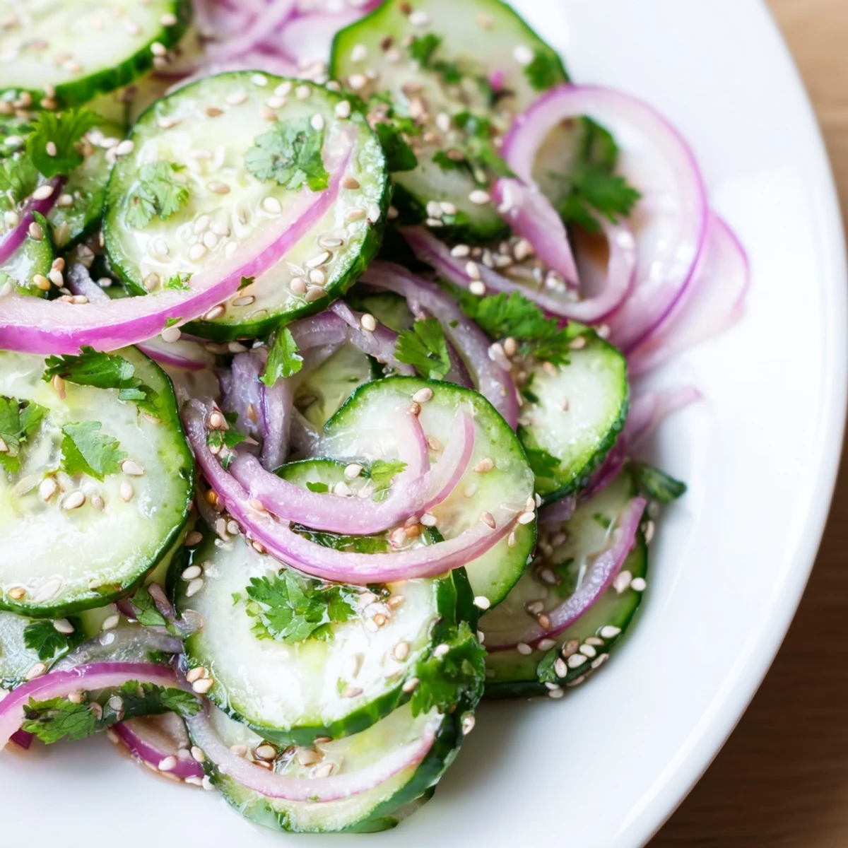 Colorful honey lime cucumber salad bowl featuring thinly sliced vegetables and zesty citrus dressing