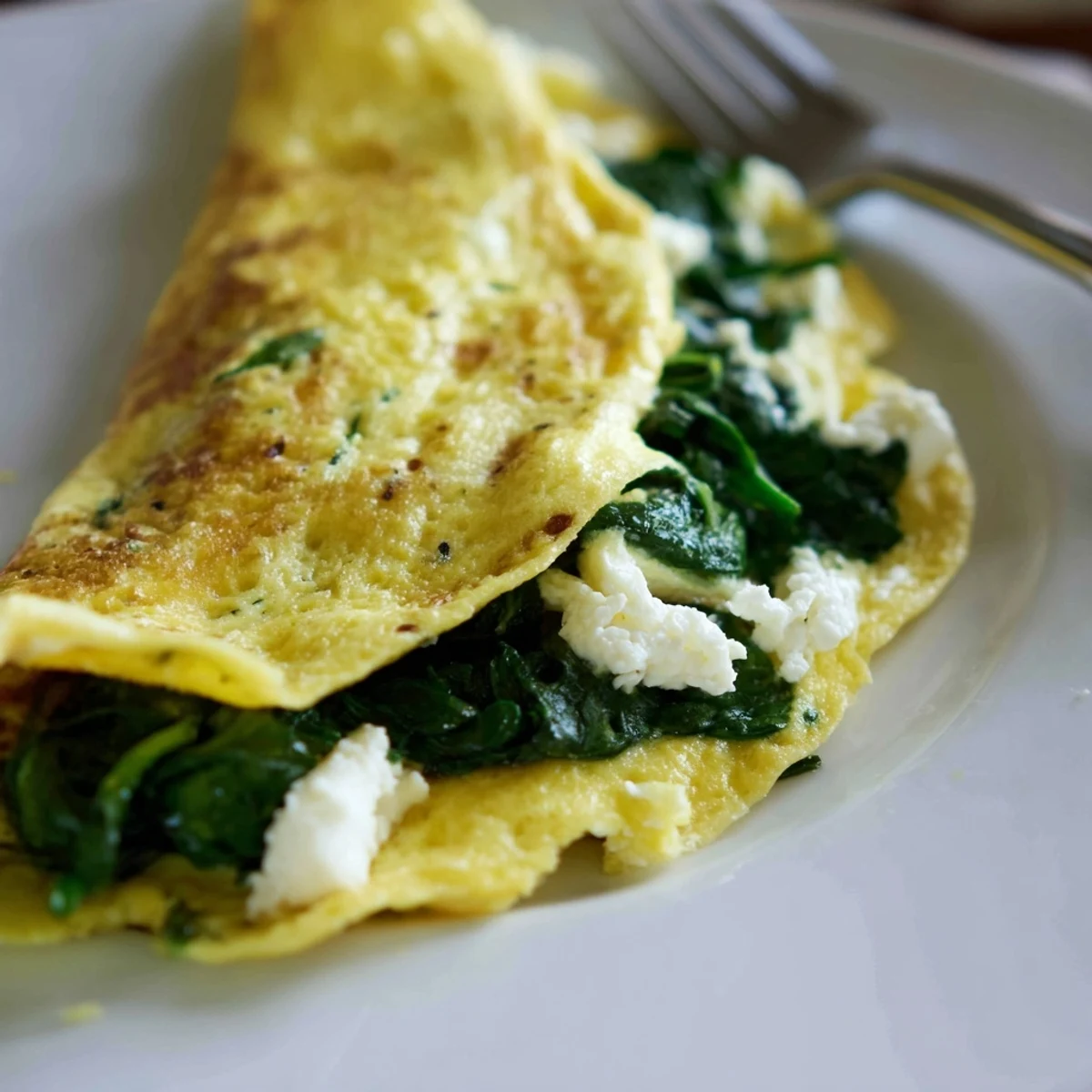 Fluffy Mediterranean spinach feta omelet recipe pan-fried with wilted fresh green spinach