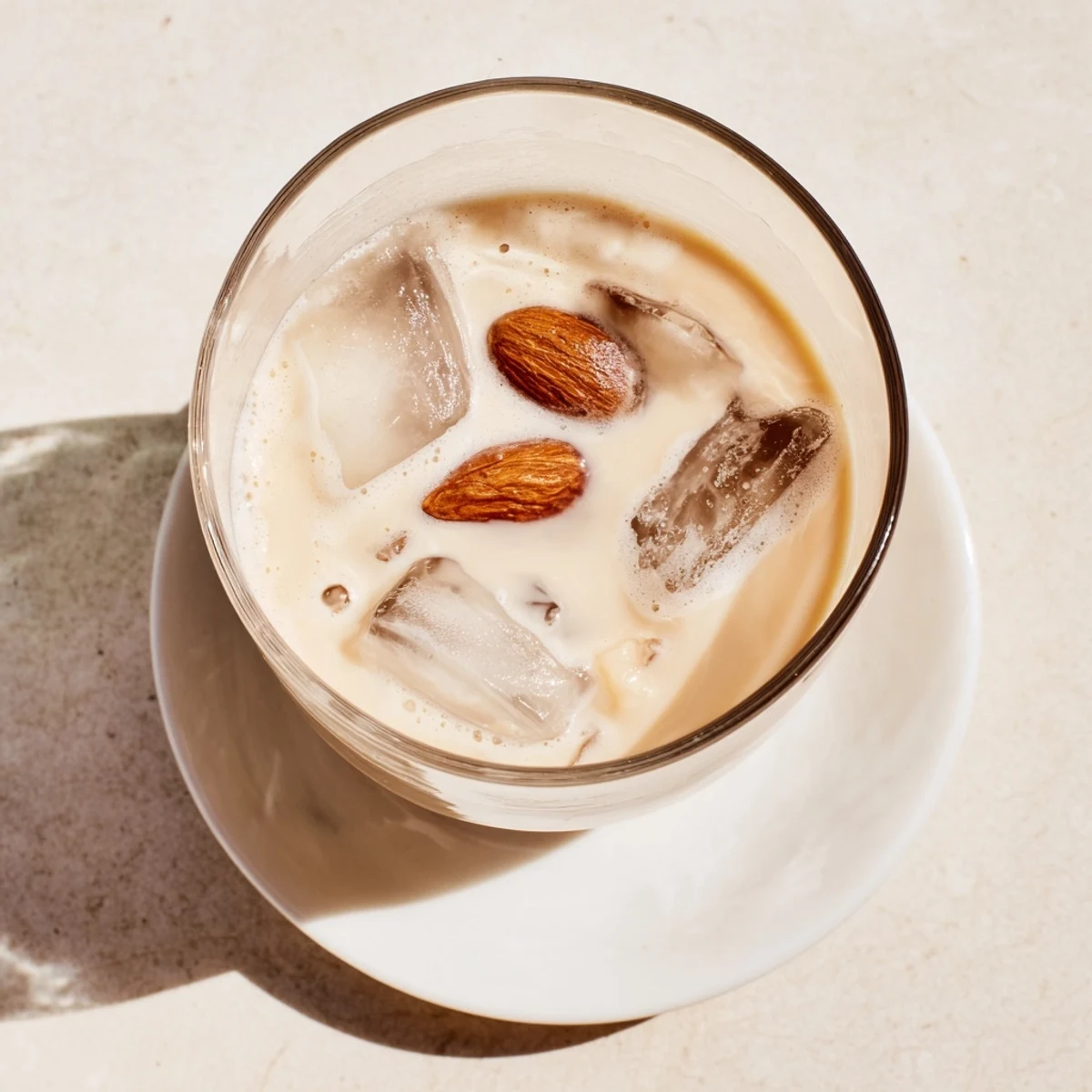 Golden roasted almond milk drink topped with velvety cream and ice cubes in a chilled glass