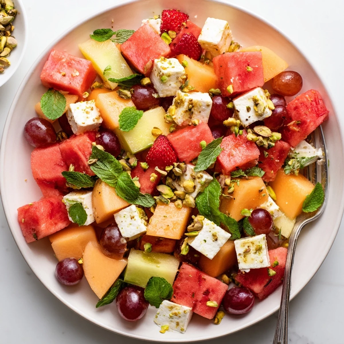 Colorful summer fruit salad bowl featuring watermelon, cantaloupe, strawberries, and fresh mint drizzled with lime honey dressing