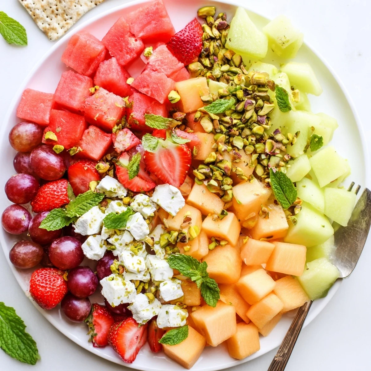 Vibrant summer bliss salad showcasing ripe seasonal fruits, creamy feta, and toasted nuts in a rustic wooden bowl