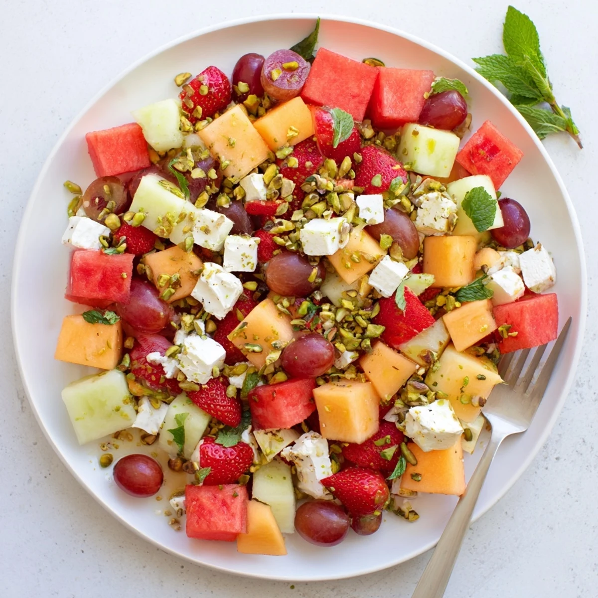 Refreshing mixed melon salad topped with crumbled feta cheese, pistachios, and basil leaves on a white serving plate