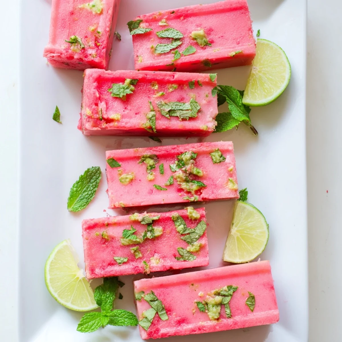 Frozen watermelon lime bars garnished with fresh mint and lime wedges on a white plate