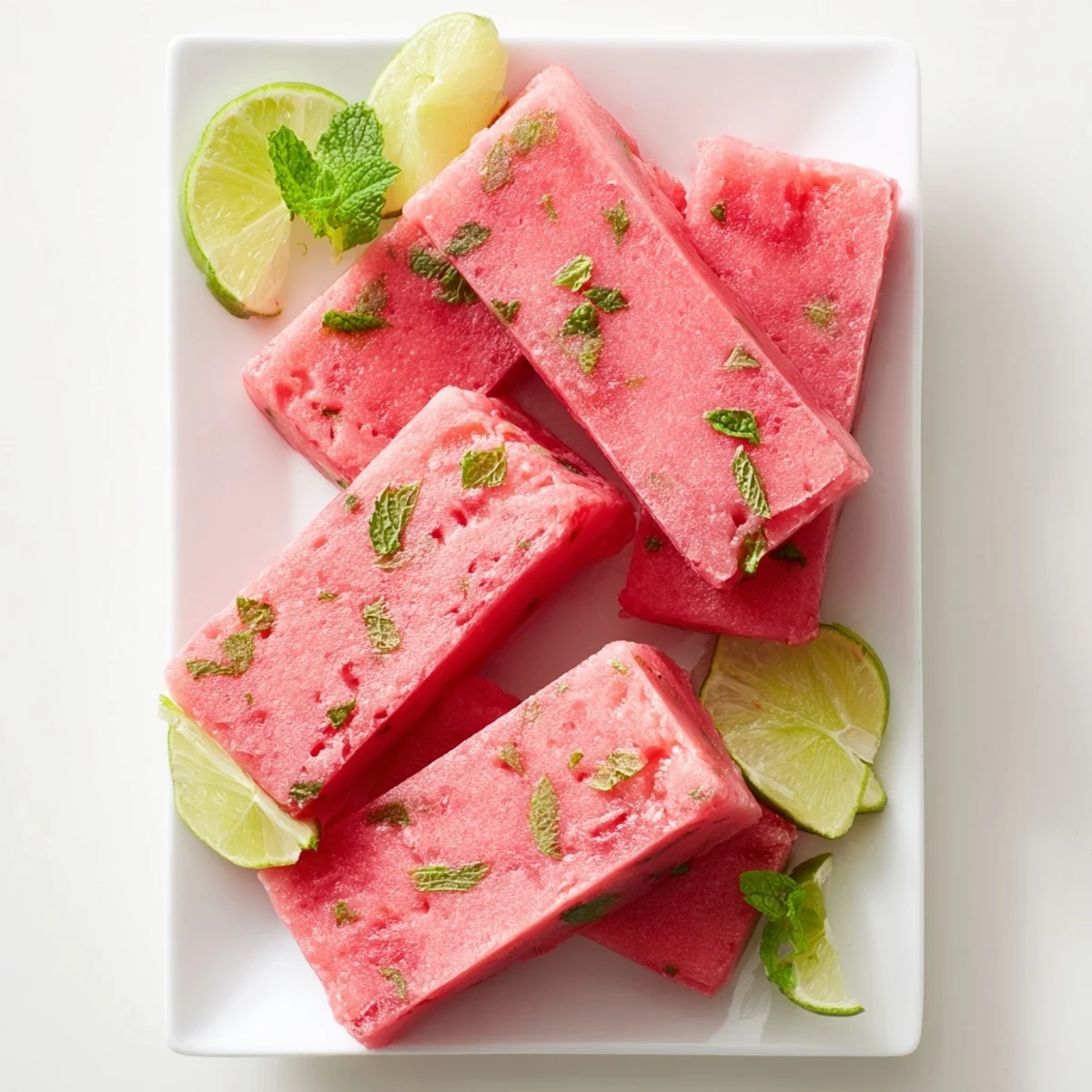 Pink watermelon lime dessert bars cut into squares and topped with green mint leaves