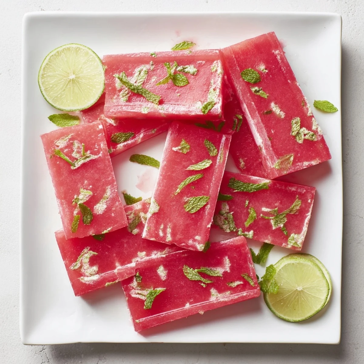 Refreshing frozen watermelon lime bars sliced and ready for summer serving on parchment paper