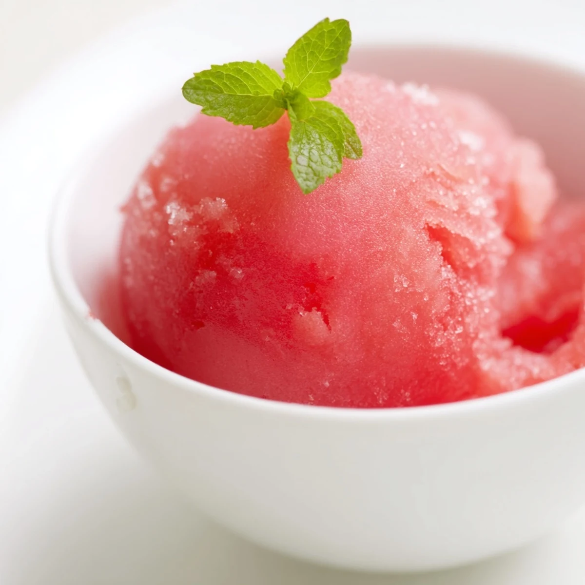 Vibrant pink watermelon sorbet scooped into a chilled bowl with fresh mint garnish