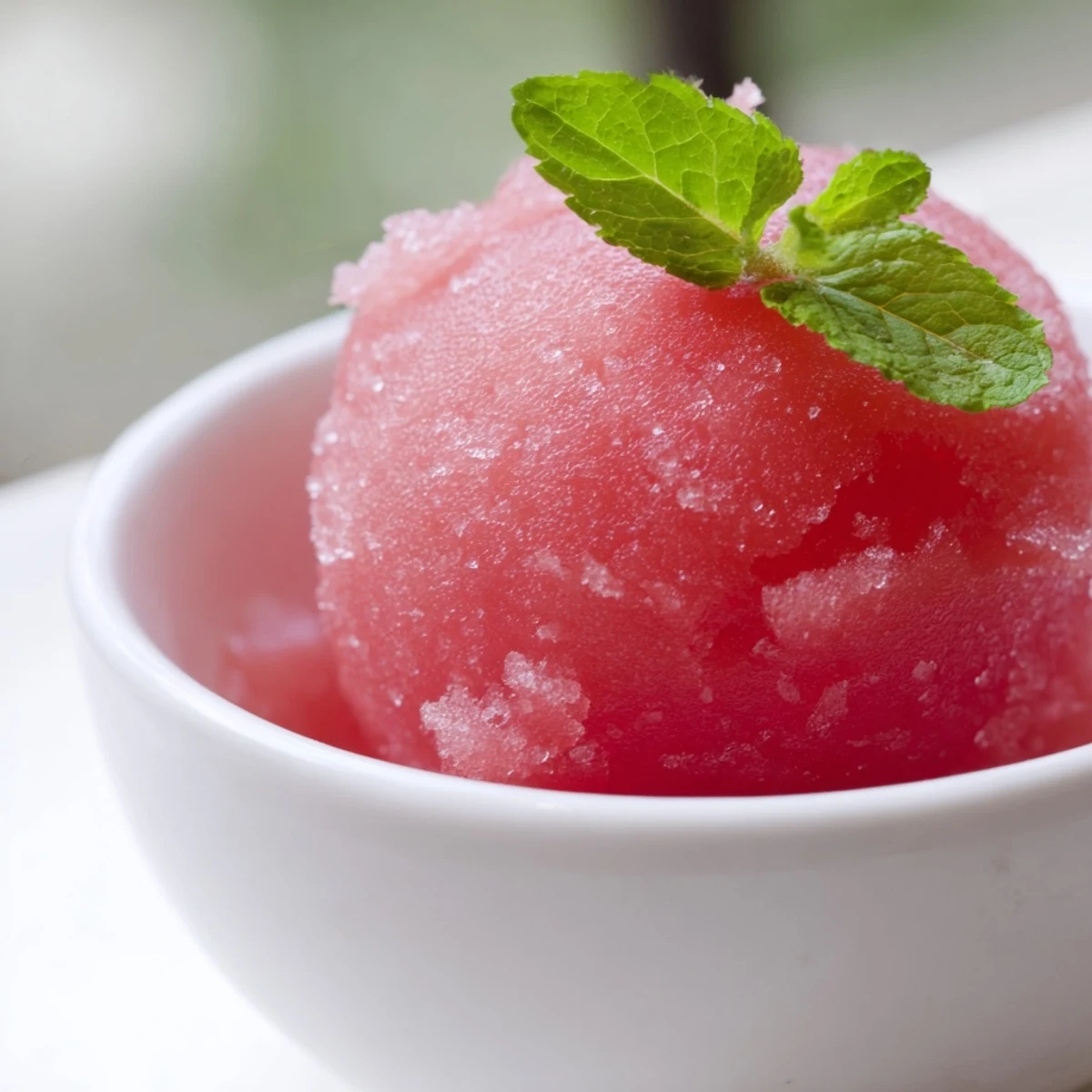 Creamy watermelon sorbet served in decorative glasses with lime wedge on white surface