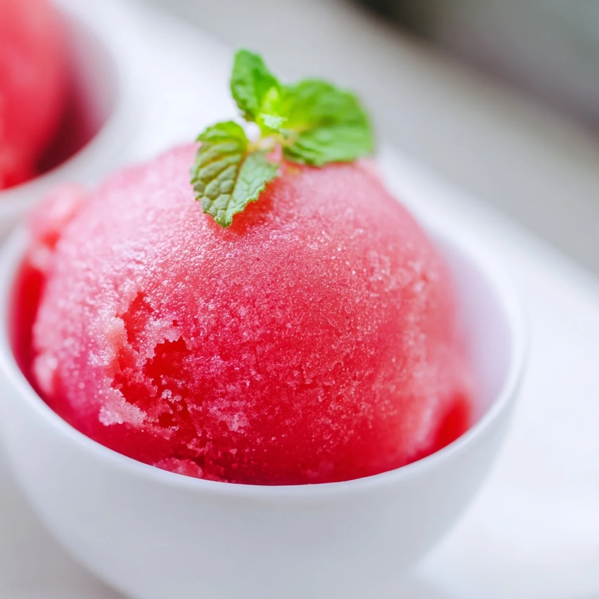Homemade watermelon sorbet with smooth texture displayed in frosty glass bowls topped with mint