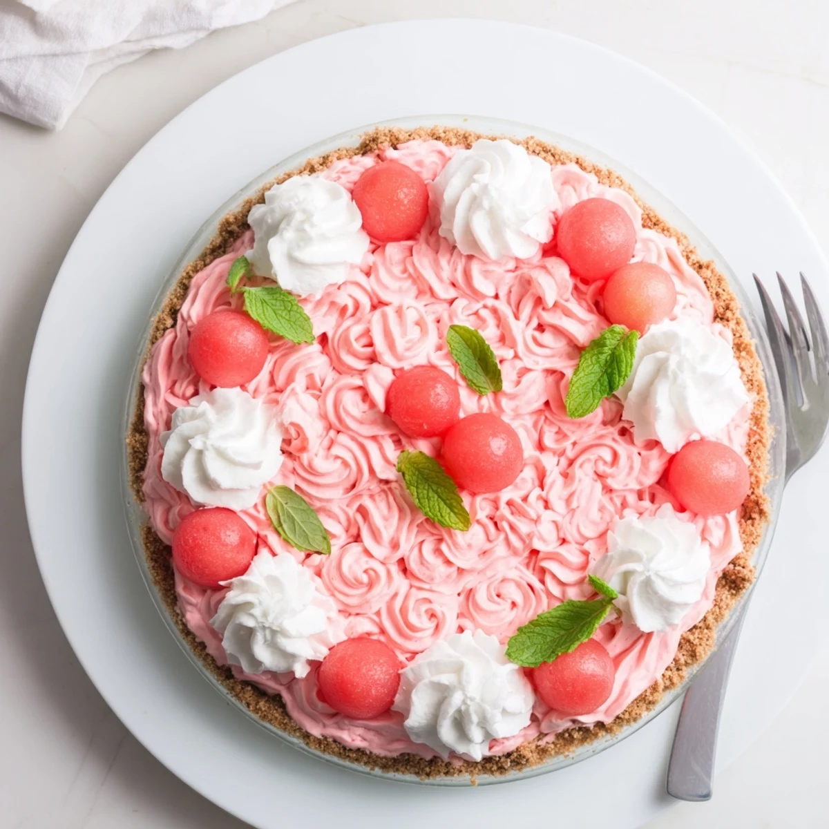Slice of refreshing watermelon pie dessert on a white plate featuring fluffy whipped topping and vibrant summer garnish