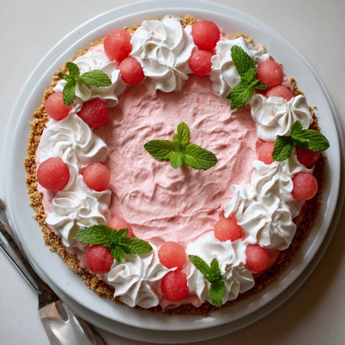 Chilled watermelon pie with creamy pink filling in a graham cracker crust topped with fresh watermelon slices and mint