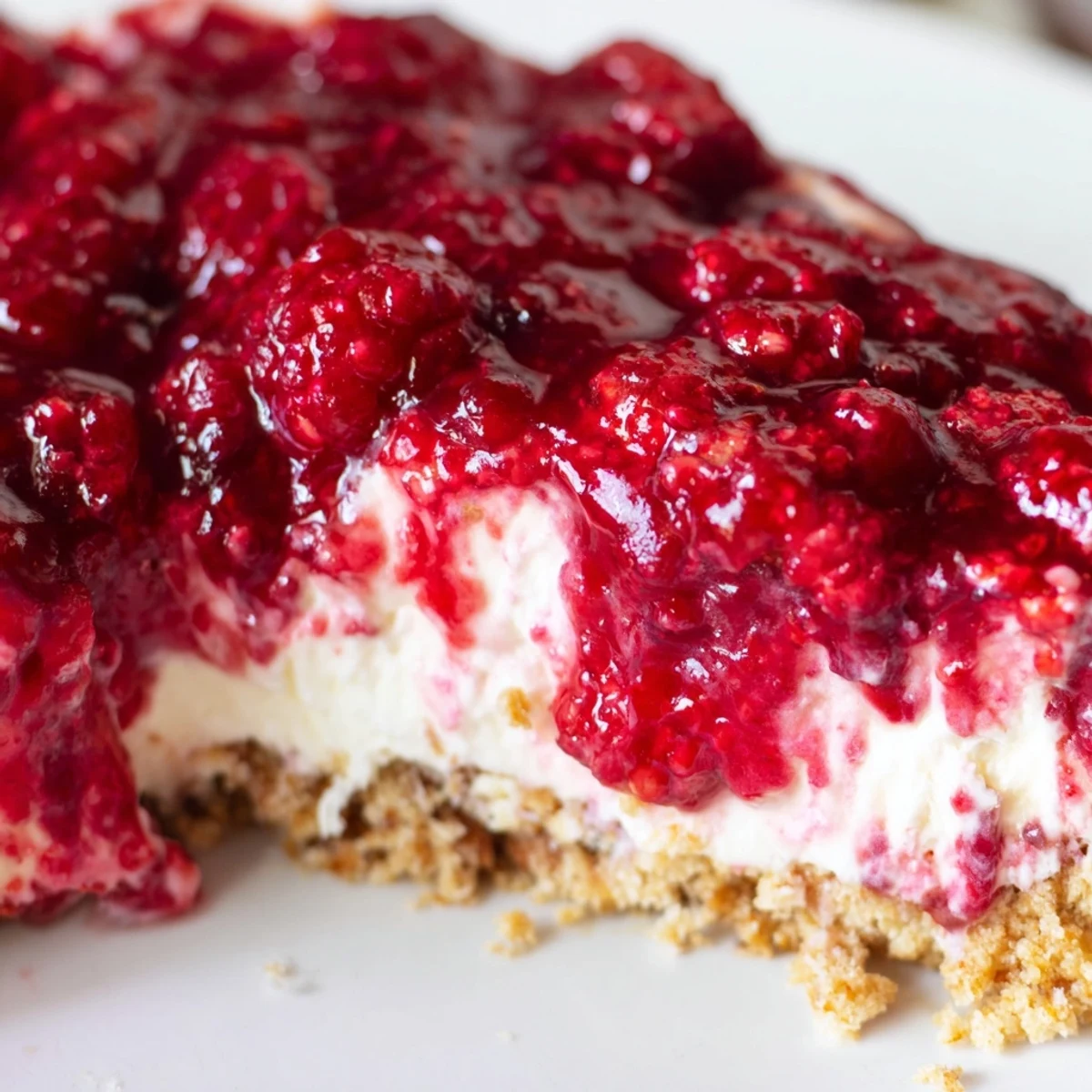 No bake raspberry cream dessert with fluffy vanilla layers and graham cracker crust