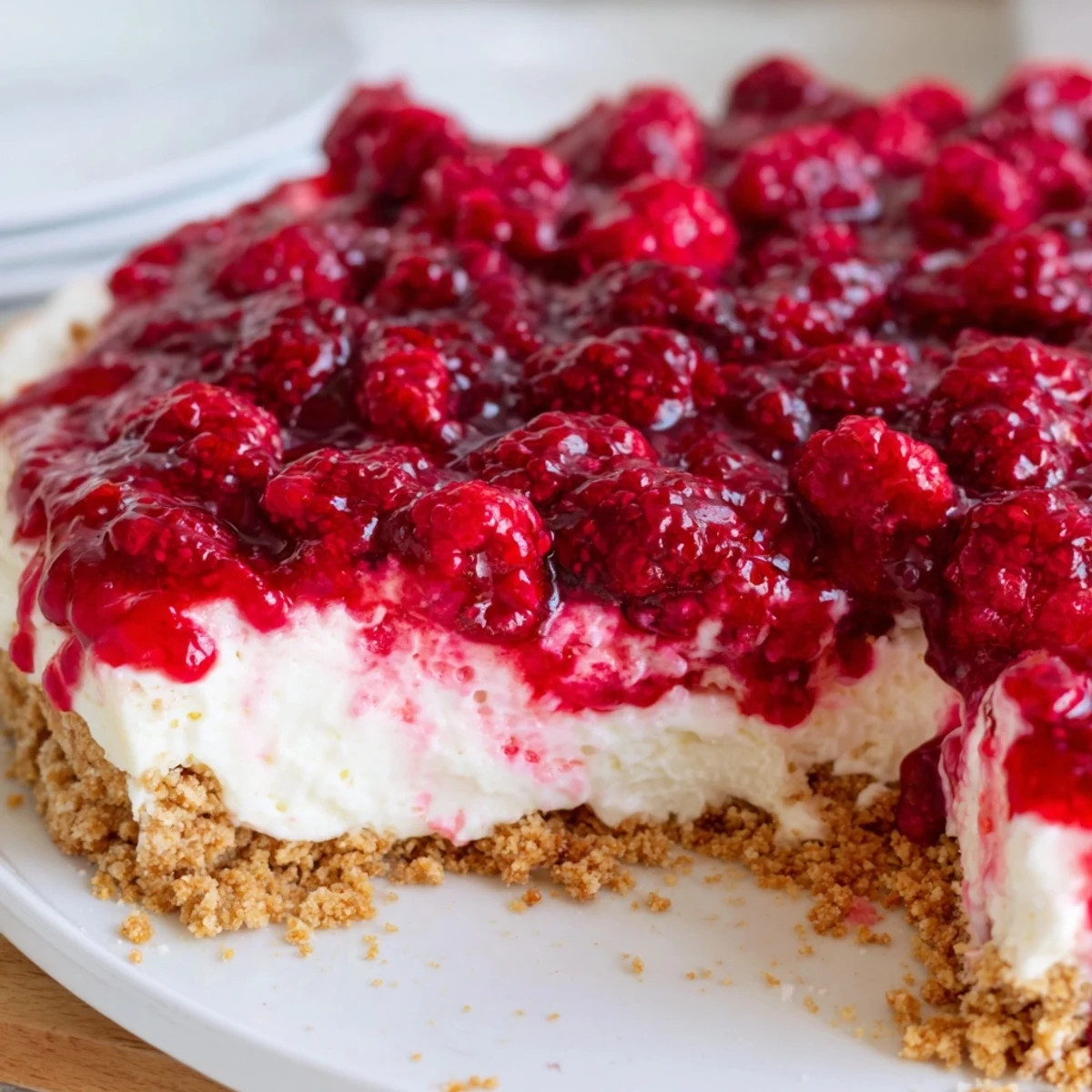 Sliced raspberry cream no bake dessert topped with glossy red berries on white plate