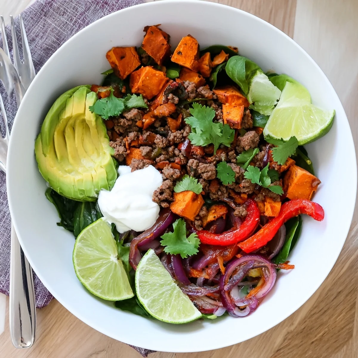 Golden roasted sweet potatoes layered with seasoned ground beef and fresh avocado in a beef sweet potato bowl recipe