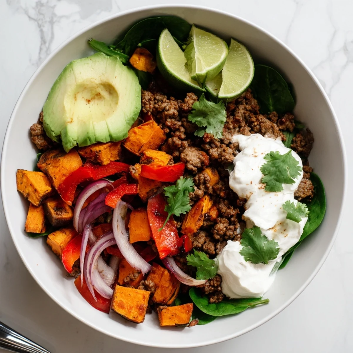 Hearty beef sweet potato bowl recipe featuring tender spiced meat over caramelized vegetables with creamy yogurt topping