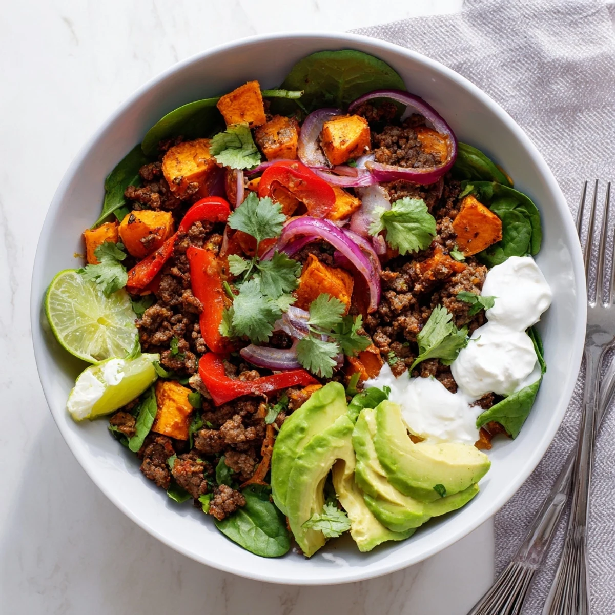 Colorful meal prep beef sweet potato bowl recipe with wilted spinach cilantro and lime for easy weeknight dinners