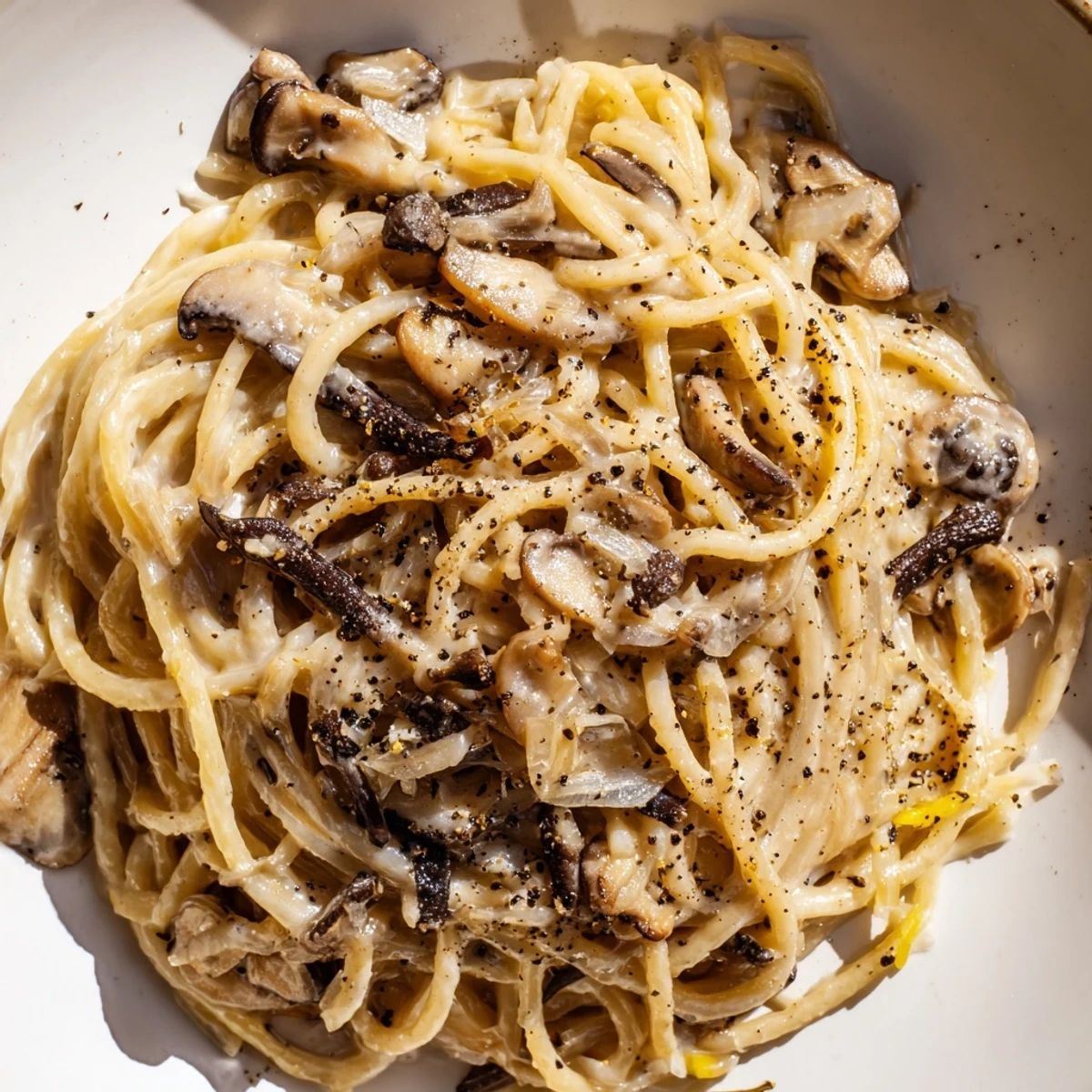 Golden brown mushrooms coated in silky miso cream sauce twirled around spaghetti noodles