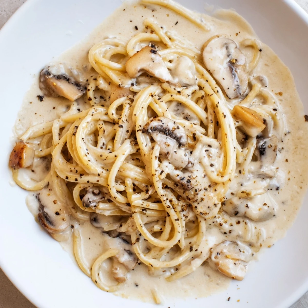 Steaming plate of Japanese-Italian fusion pasta featuring umami-rich miso sauce and sautéed mushrooms
