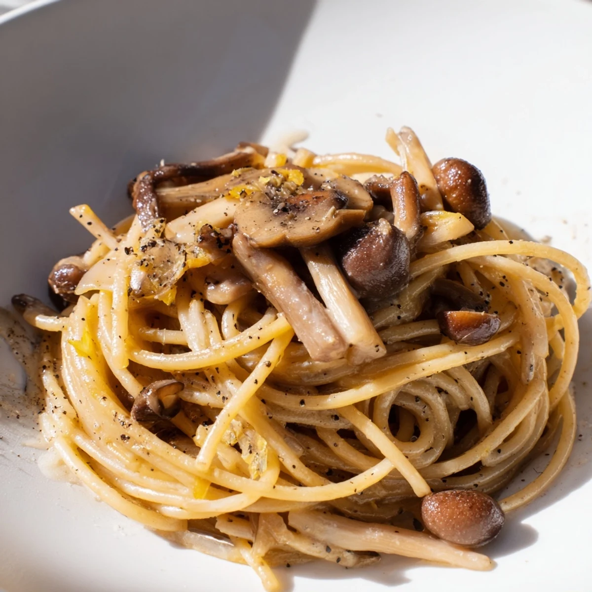 Creamy miso mushroom pasta served in white bowl with fresh green chive garnish