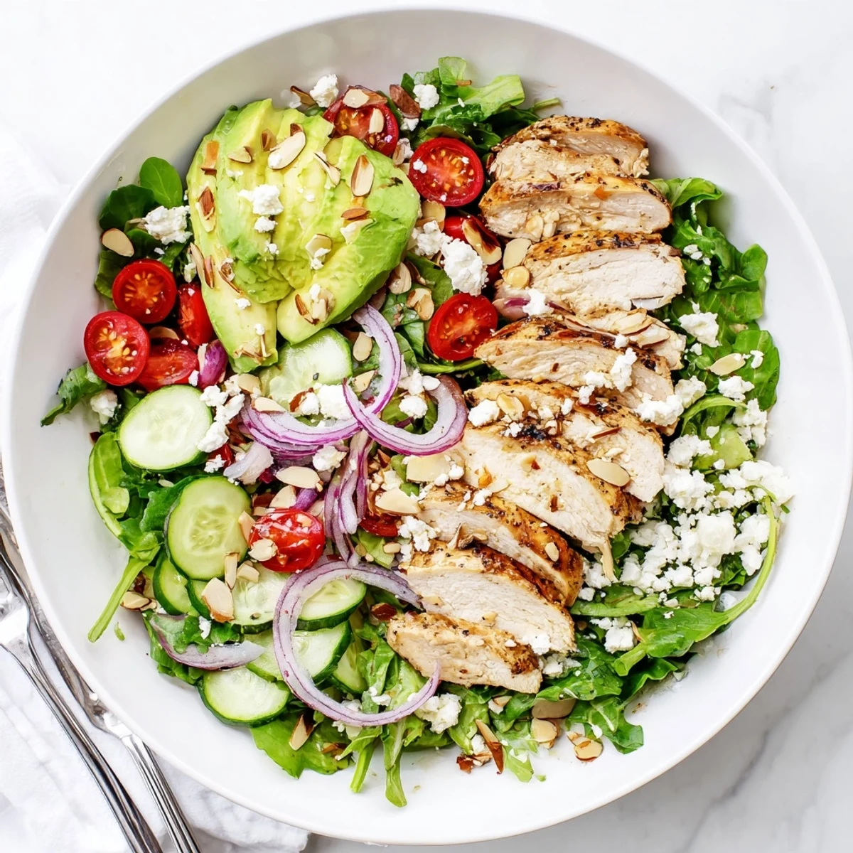 Healthy grilled chicken salad bowl with juicy spiced chicken, crunchy almonds, and zesty homemade dressing