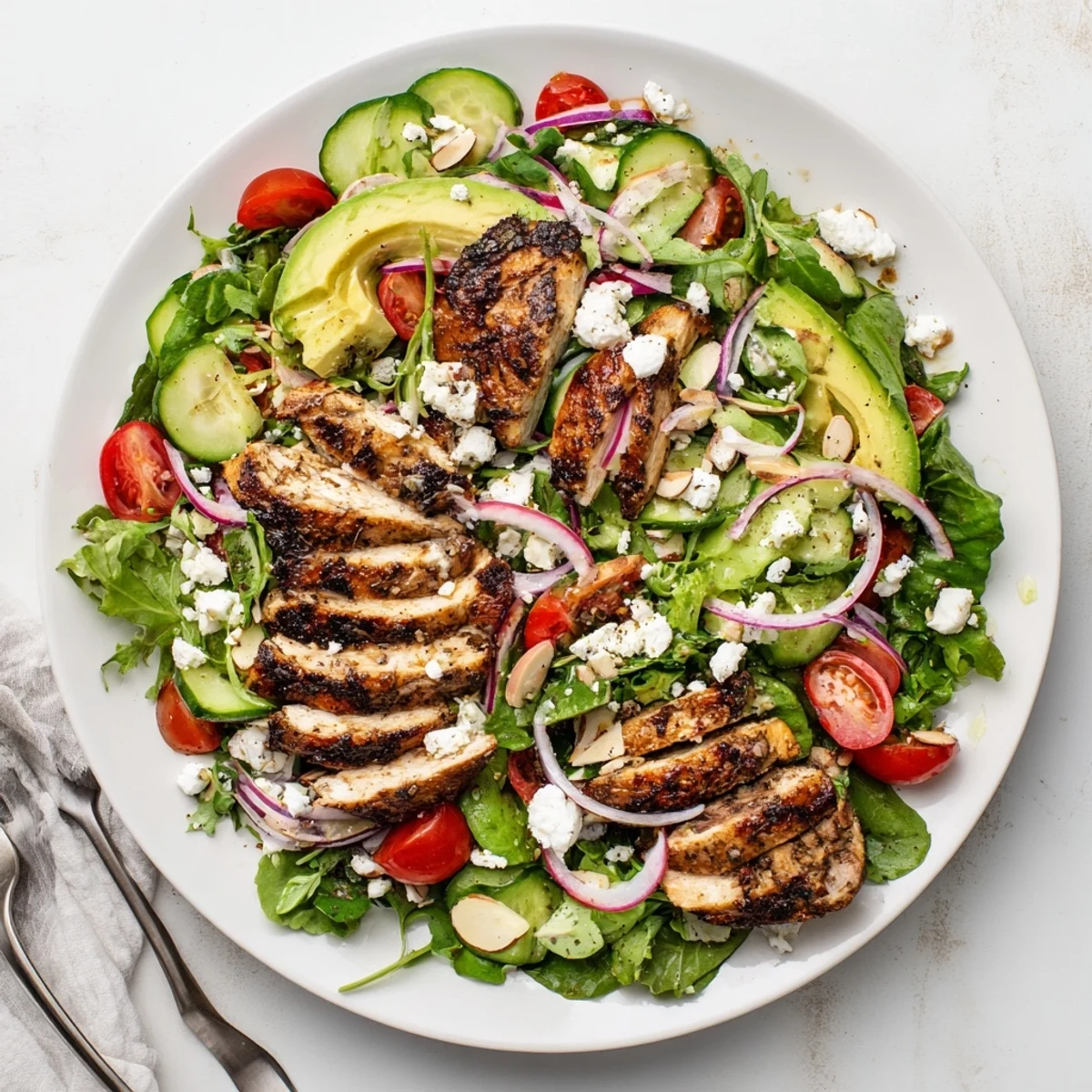 Fresh grilled chicken salad recipe featuring crisp lettuce, cherry tomatoes, avocado, and creamy feta cheese