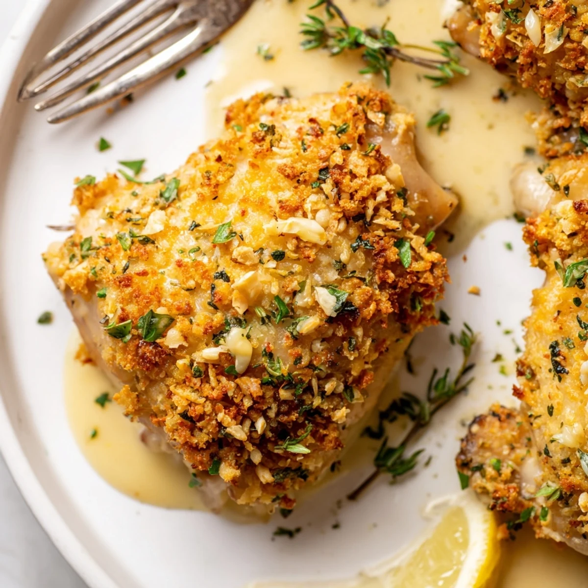 Warm, juicy Golden Herb Crusted Chicken Thighs In Creamy Garlic Sauce, herb aroma