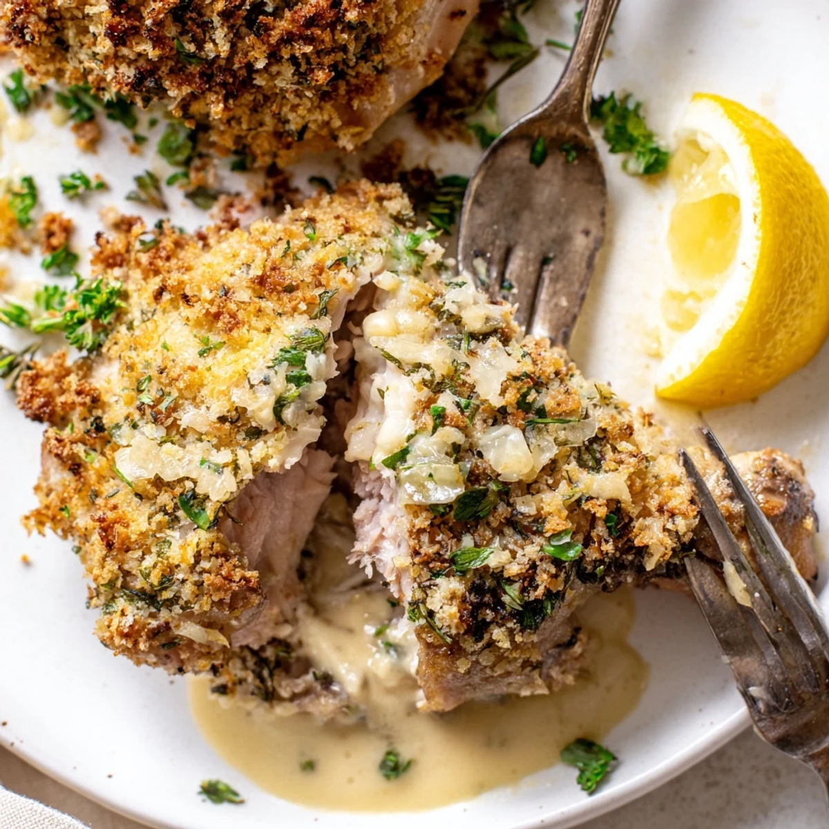 Golden Herb Crusted Chicken Thighs In Creamy Garlic Sauce with crispy golden skin