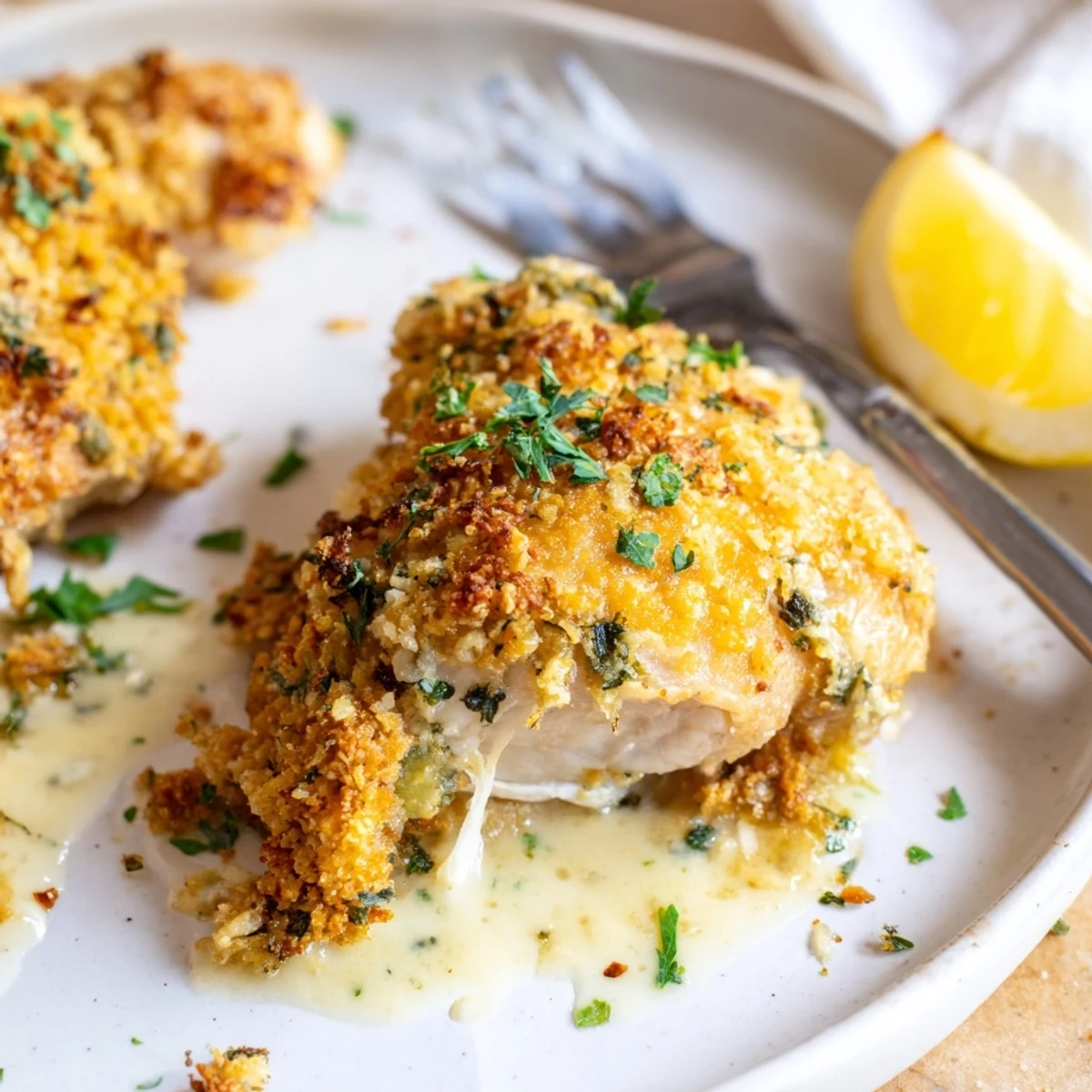 Oven-roasted Golden Herb Crusted Chicken Thighs In Creamy Garlic Sauce, served over mashed potatoes