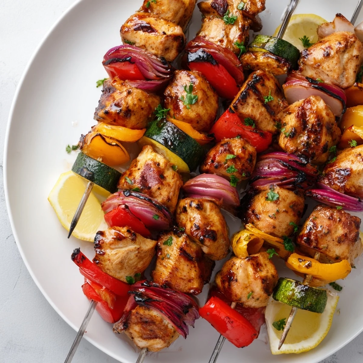 Grilled Chicken Kabobs glistening with char, colorful peppers, lemon wedge garnish.