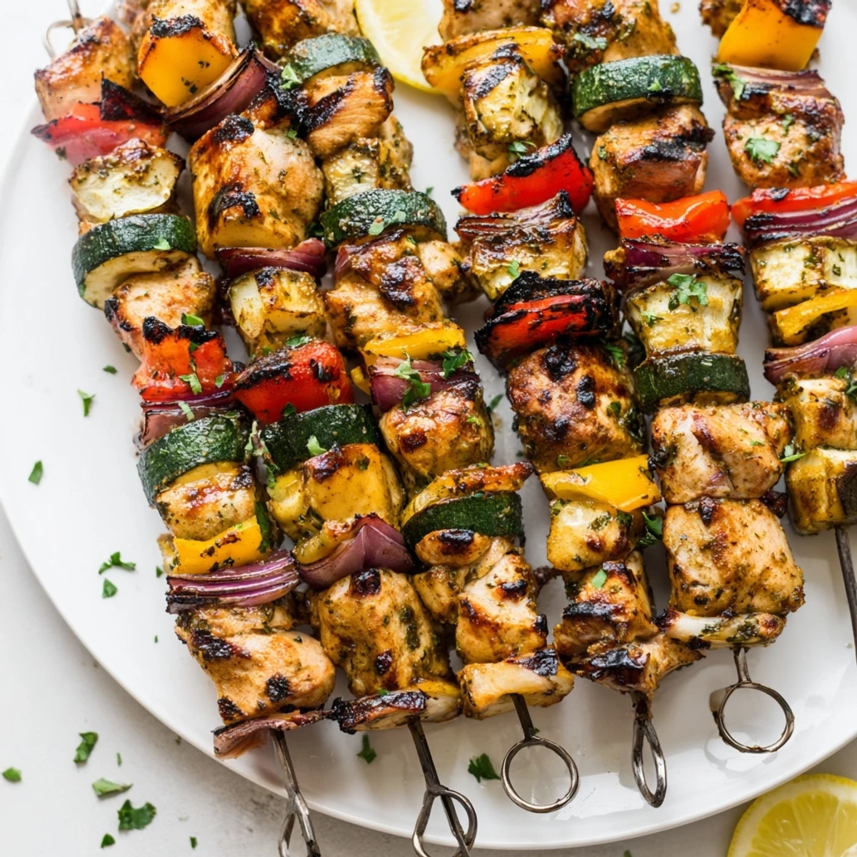 Marinated Grilled Chicken Kabobs sizzling on the grill with smoky aroma.
