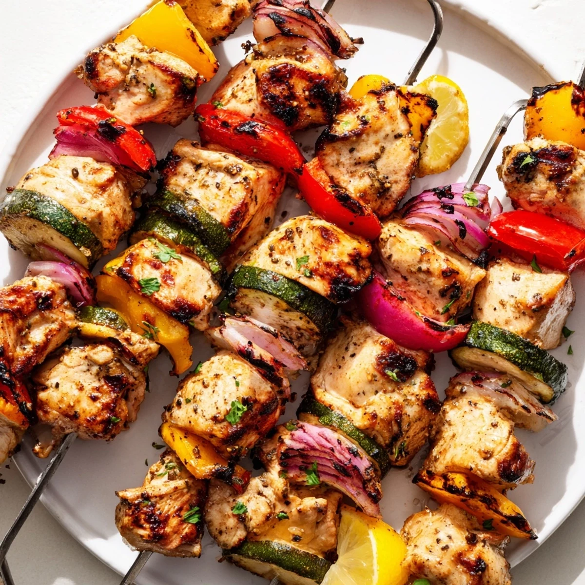 Skewers of tender Grilled Chicken Kabobs threaded with zucchini, parsley, ready to serve.