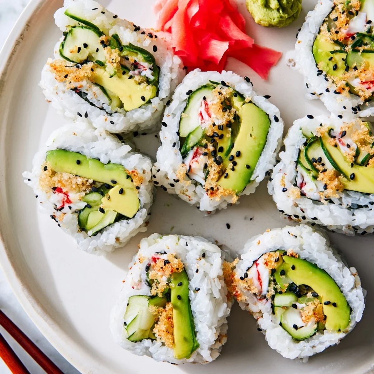 California Crunch Roll Sushi sliced, creamy crab and avocado, crisp tempura flakes  