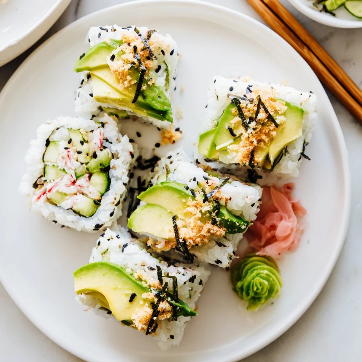 Fresh California Crunch Roll Sushi on bamboo mat, sesame-speckled, ready to serve  