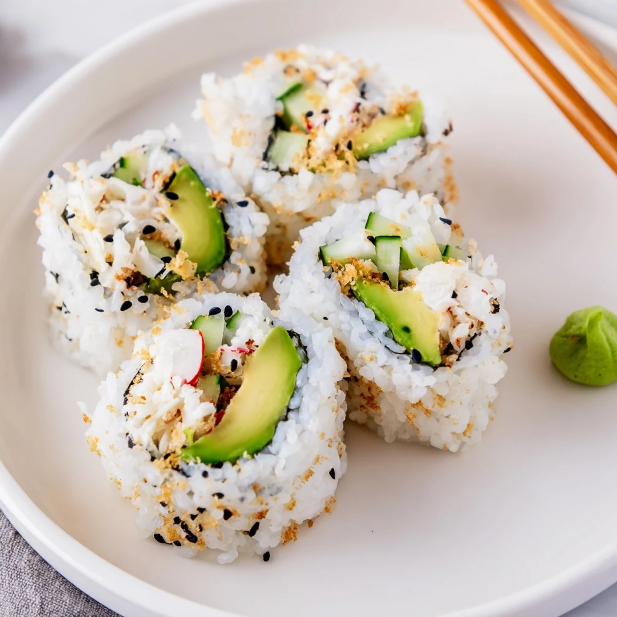 Hand-rolled California Crunch Roll Sushi with tangy soy dipping sauce and ginger