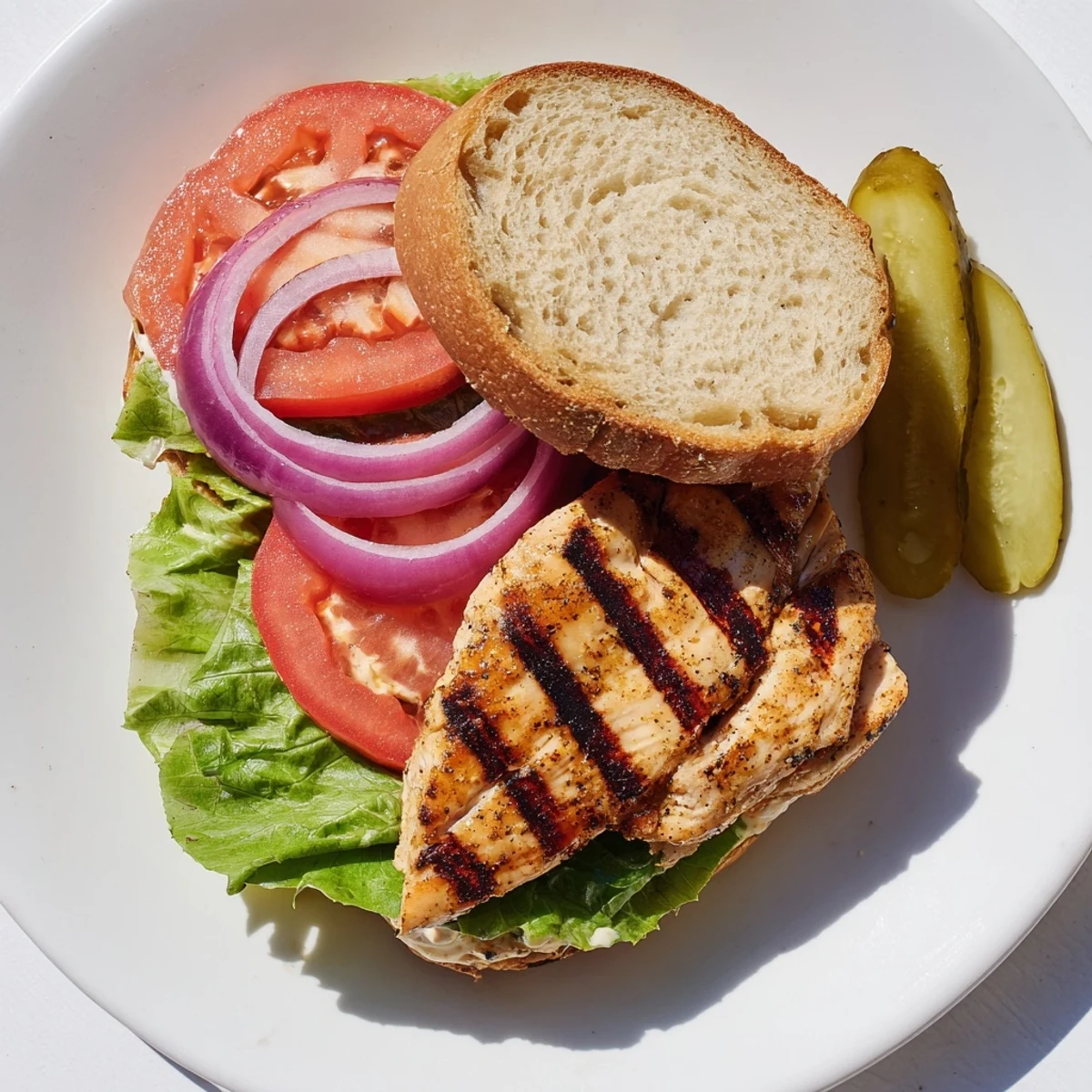 Golden spiced chicken breast sliced on a toasted bun with fresh lettuce and tomato.