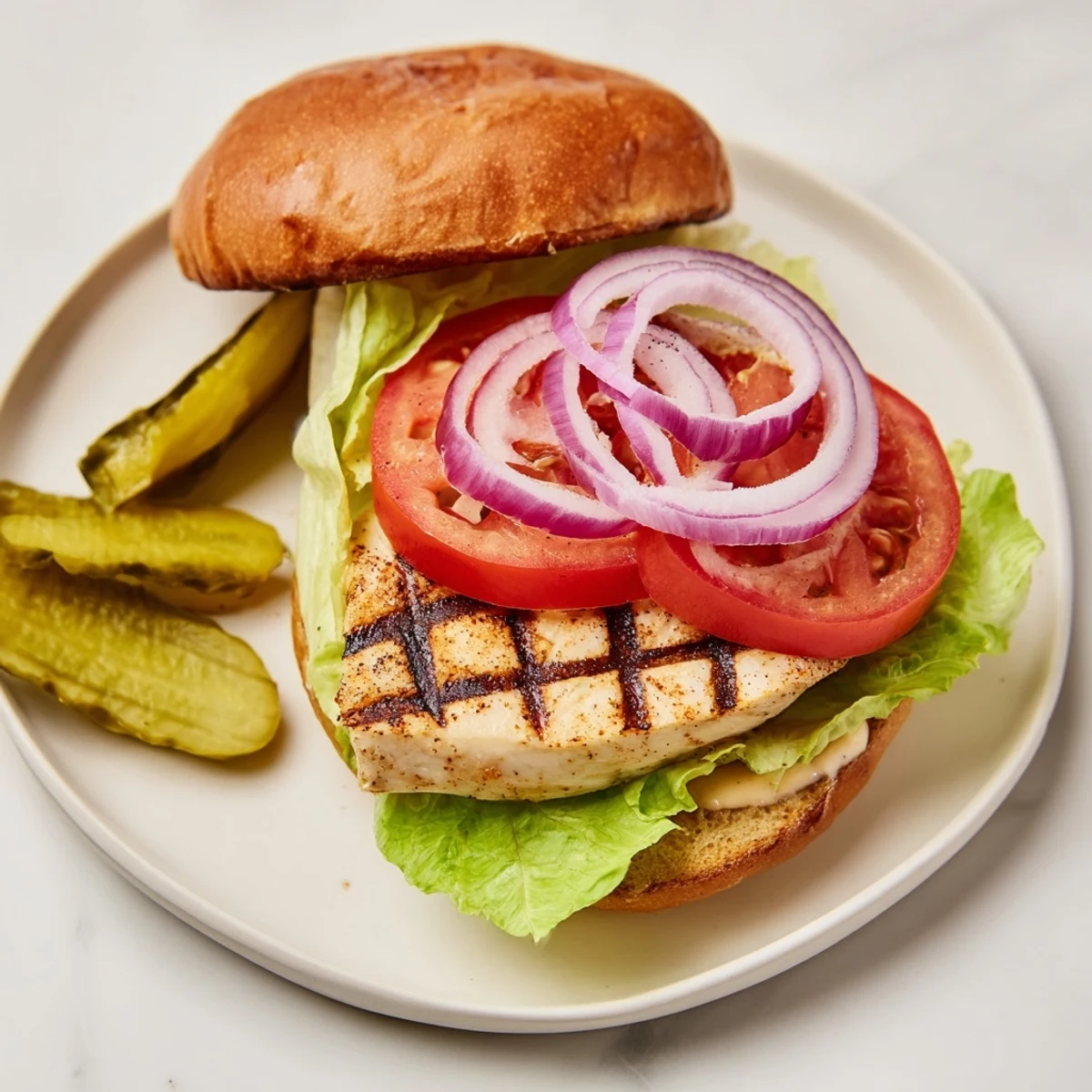 Juicy spice-rubbed grilled chicken sandwich layered with crisp red onion and creamy mustard sauce.