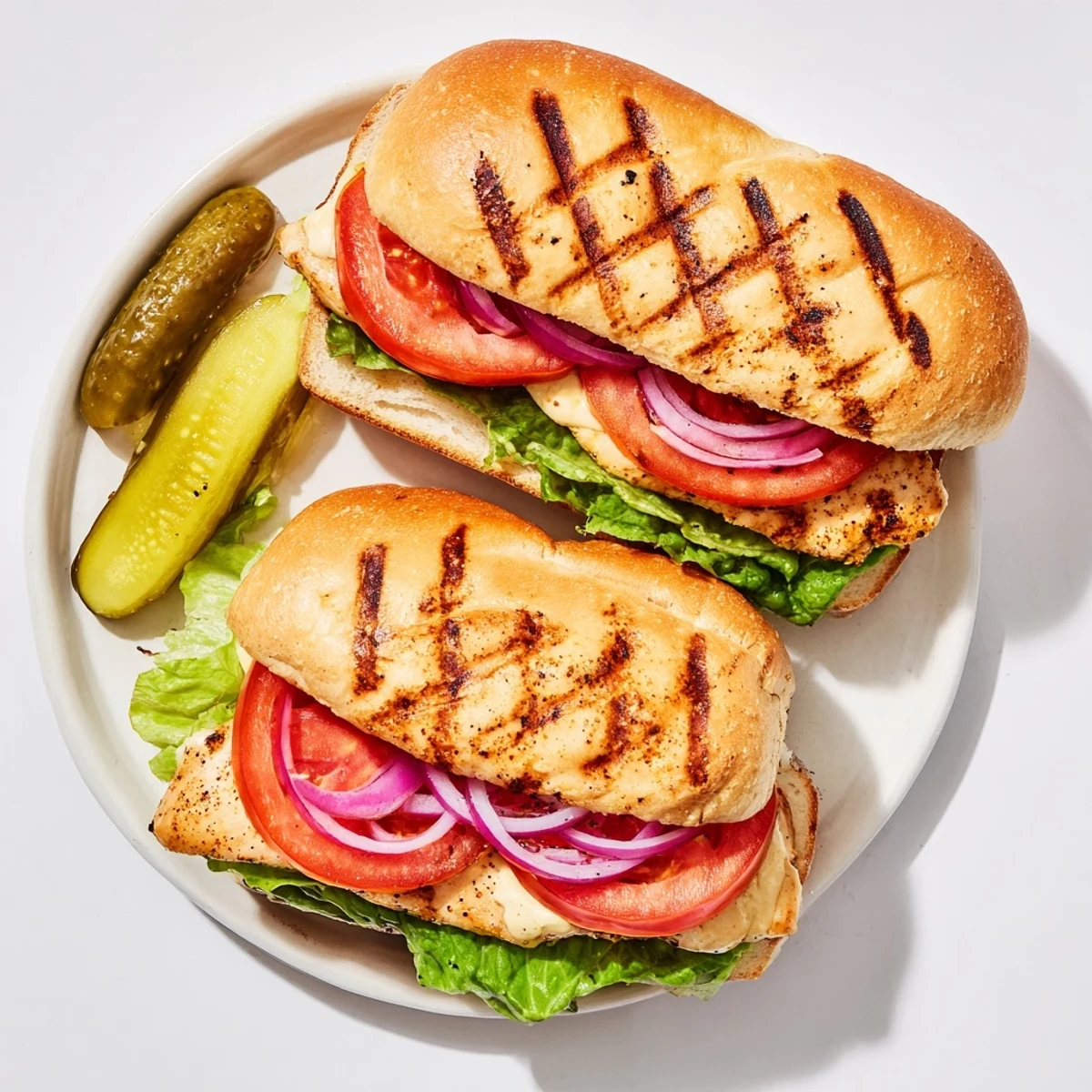 Savory chicken sandwich featuring paprika seasoned meat on a toasted bun with tangy pickles.