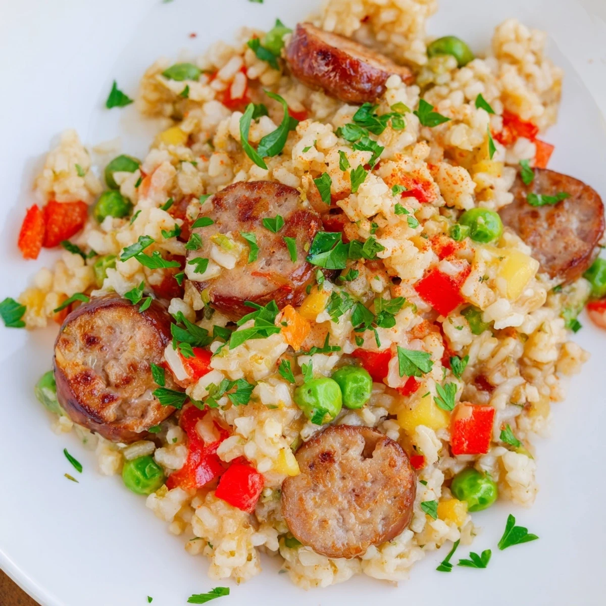 One-pan crispy skillet rice featuring browned chicken sausage, red bell peppers, and green peas