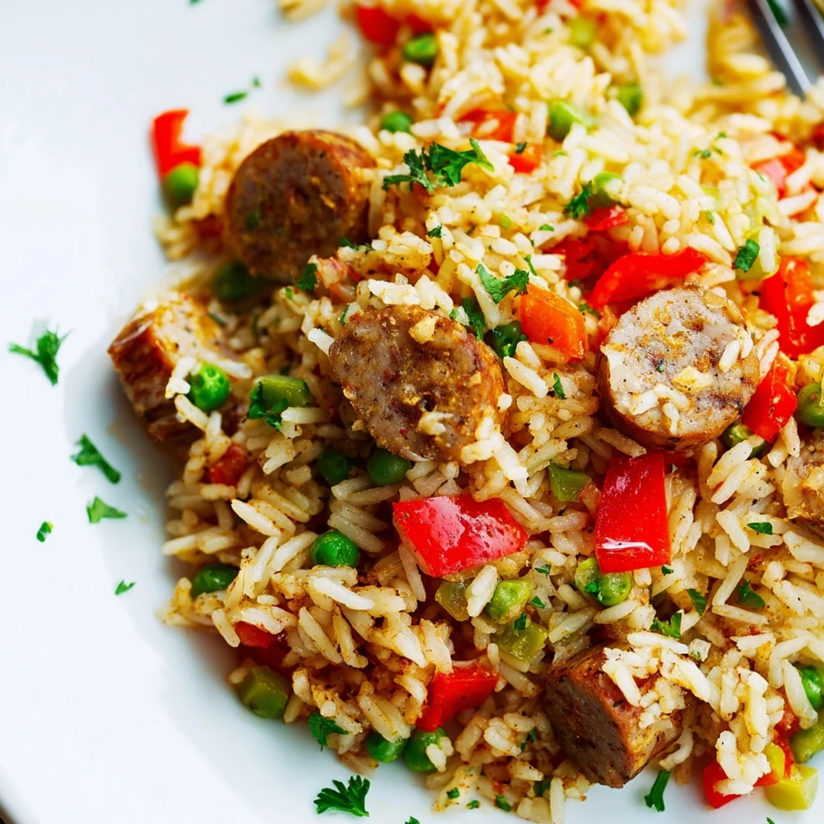 Golden crispy skillet rice with savory chicken sausage, colorful vegetables, and fresh parsley garnish