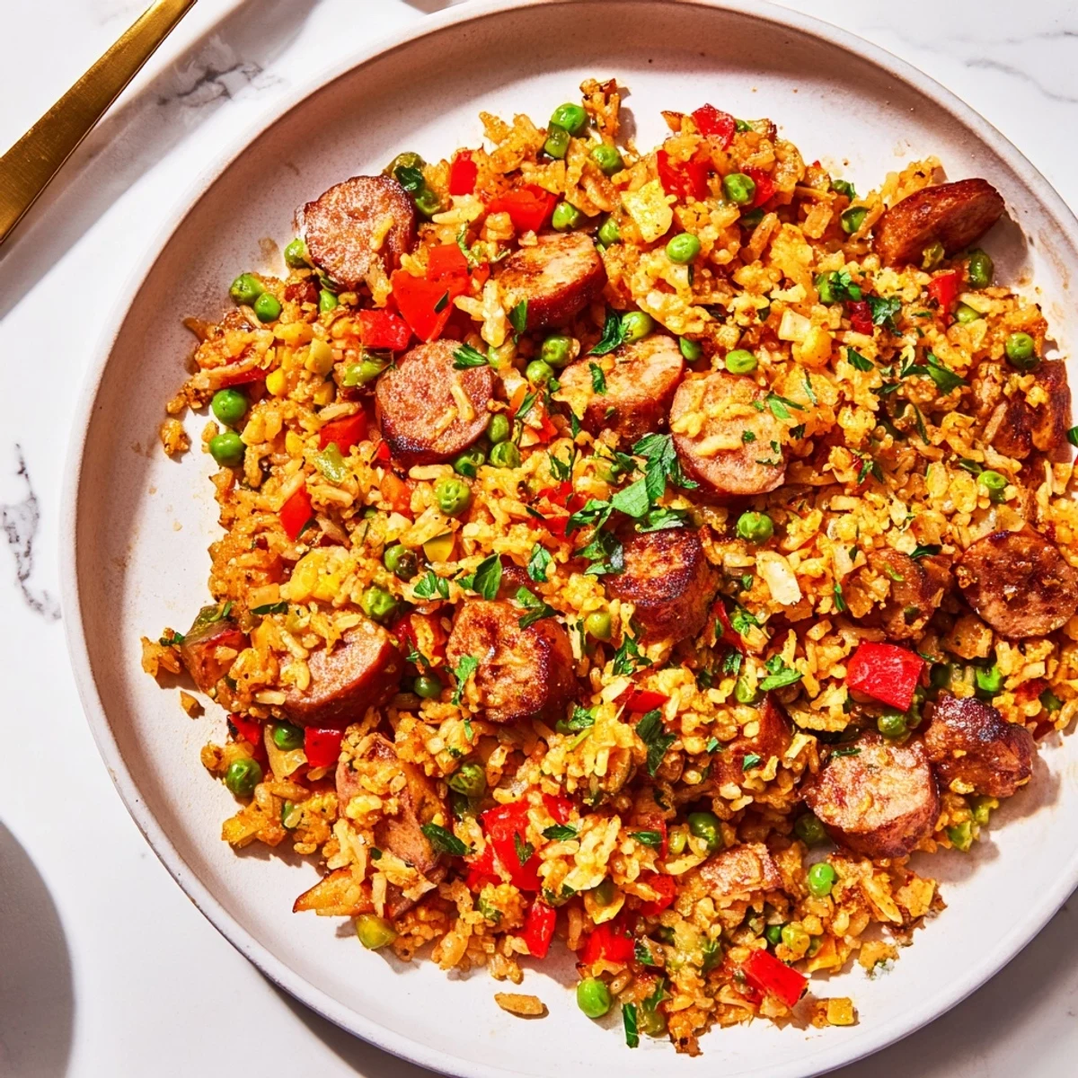 Comforting crispy skillet rice with savory chicken sausage topped with chopped parsley and lemon wedges