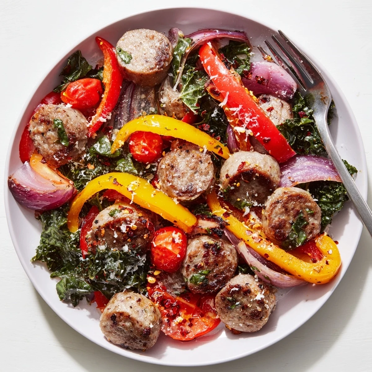 Colorful sausage peppers greens one pan meal featuring red bell peppers and wilted kale