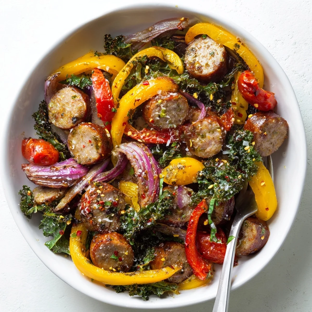 Golden browned sausage peppers greens skillet dinner bubbling in a cast iron pan