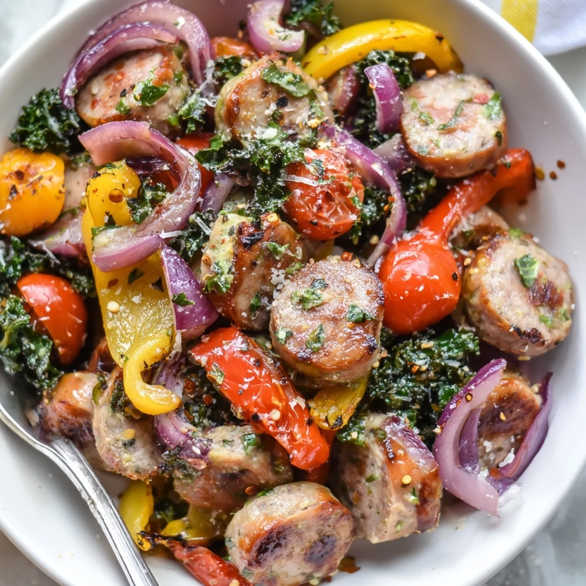 Hearty sausage peppers greens skillet recipe served hot with fresh basil and parmesan garnish