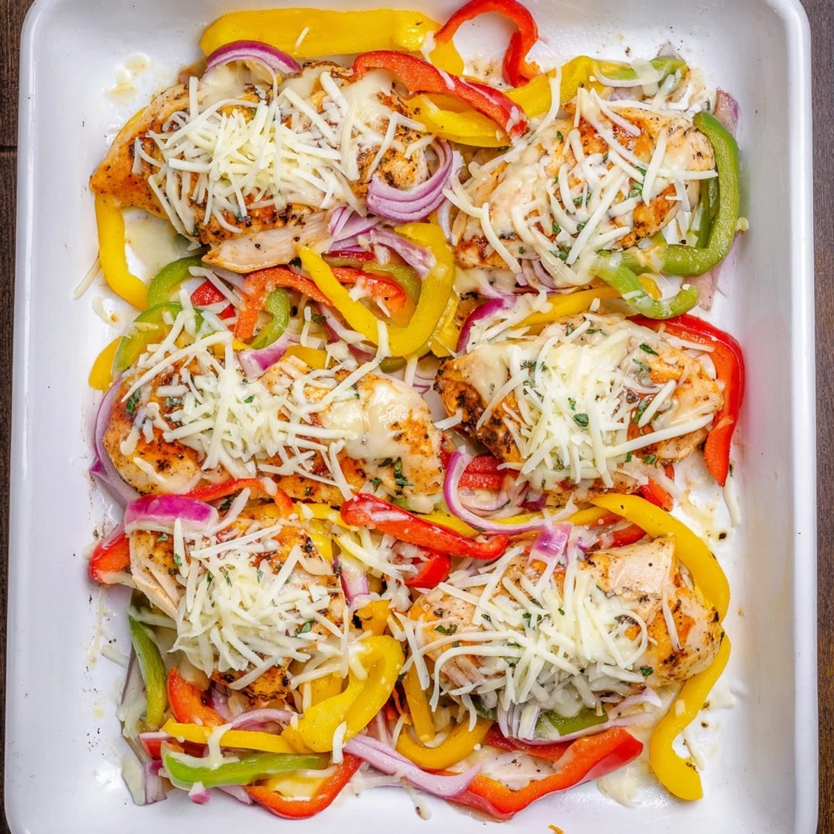 Golden cheesy baked chicken breast and peppers served in a white baking dish with vibrant red, yellow, and green bell peppers