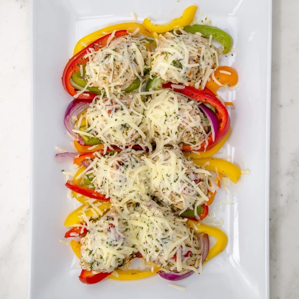 Family-friendly cheesy baked chicken breast and peppers featuring golden brown cheese bubbling over sliced onions and multi-colored bell peppers