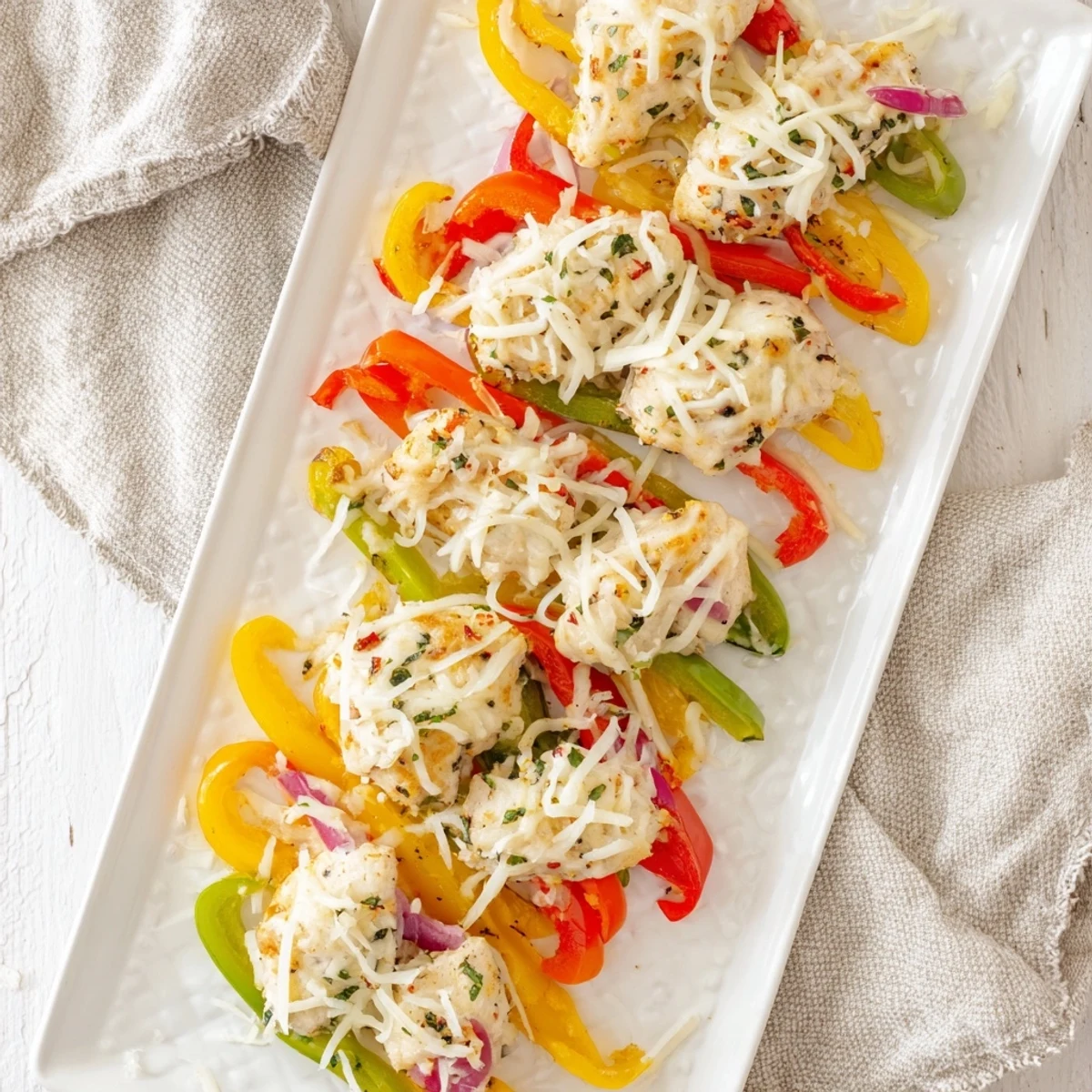 Melted mozzarella and Parmesan topping tender cheesy baked chicken breast and peppers arranged alongside colorful roasted vegetables