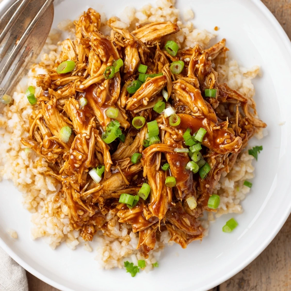 Comforting Crockpot Honey Garlic Chicken shredded and saucy, garnished with green onions