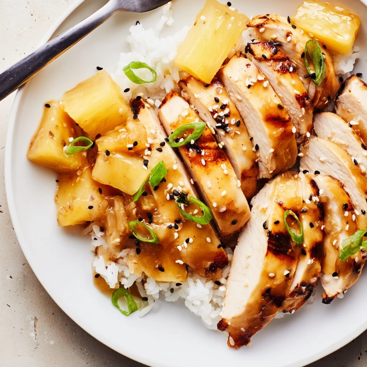 Hawaiian Chicken With Coconut Rice plated with golden glaze and steaming coconut-scented rice