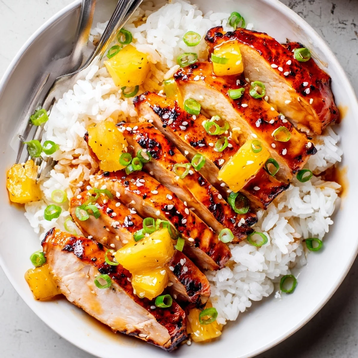 Serving suggestion: Hawaiian Chicken With Coconut Rice garnished with green onions and sesame